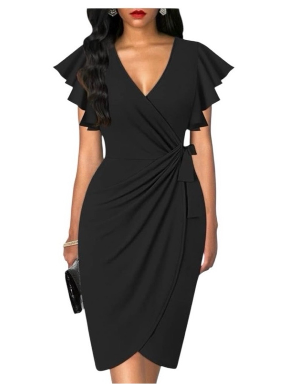 OTEN Black Midi Wrap Dress with Ruffle Sleeves Large